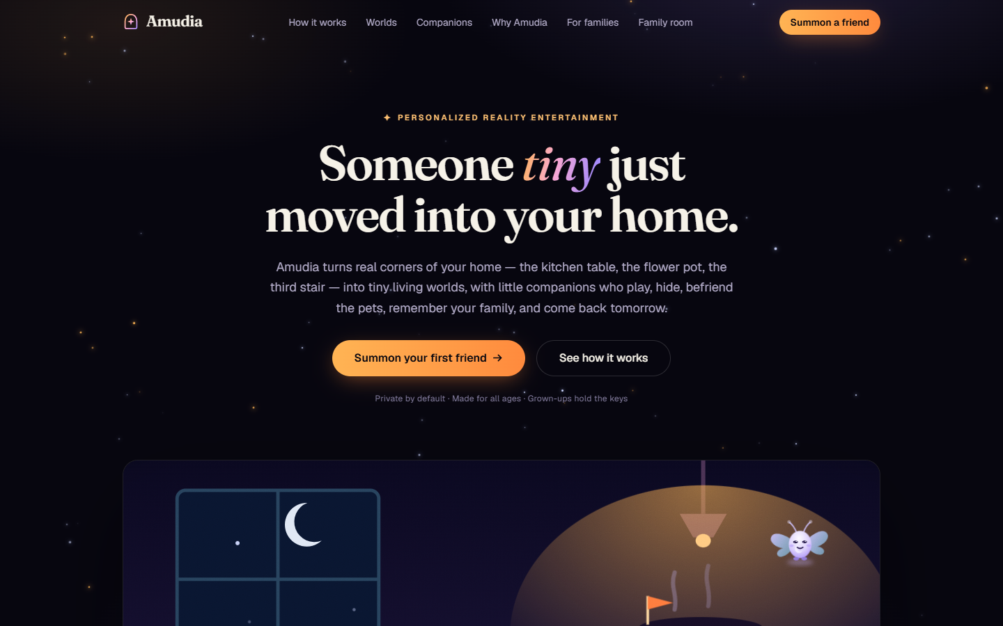 The Amudia home page, "Someone tiny just moved into your home"