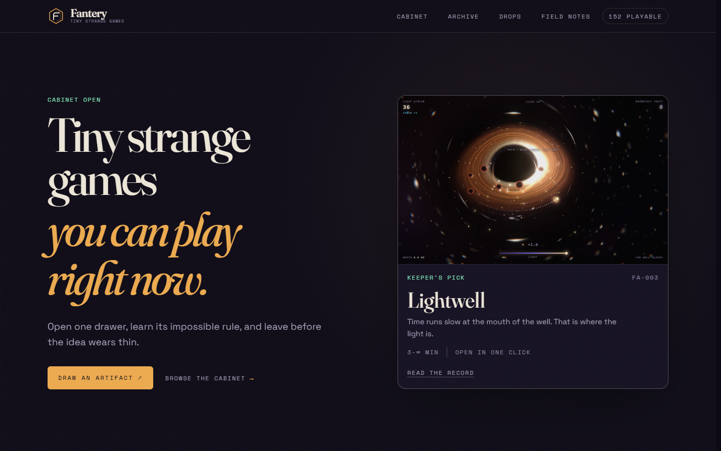 The Fantery home page, "Tiny strange games you can play right now"