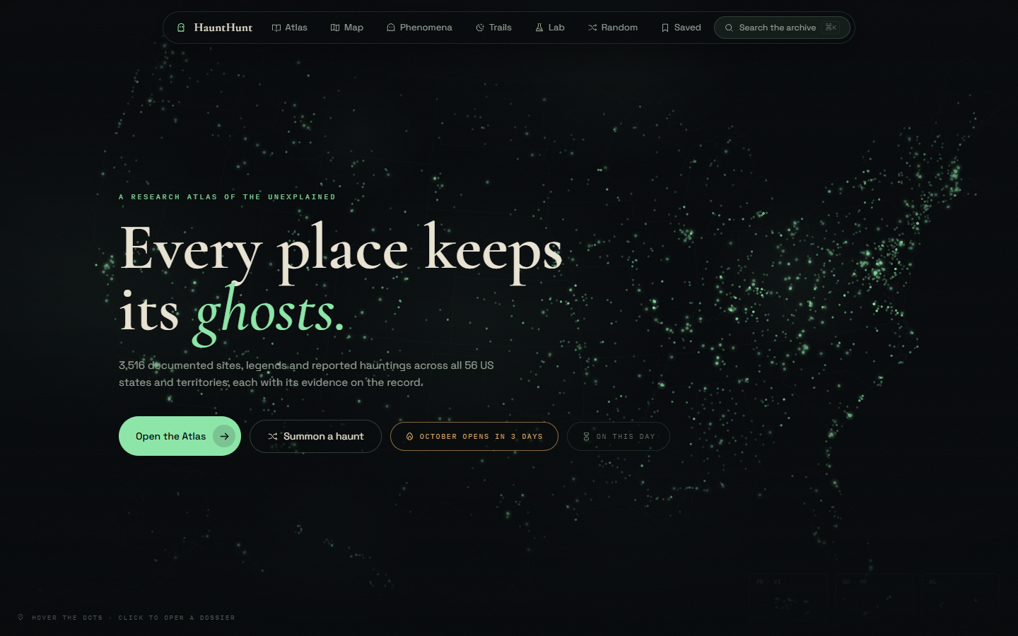 The HauntHunt home page, "Every place keeps its ghosts"