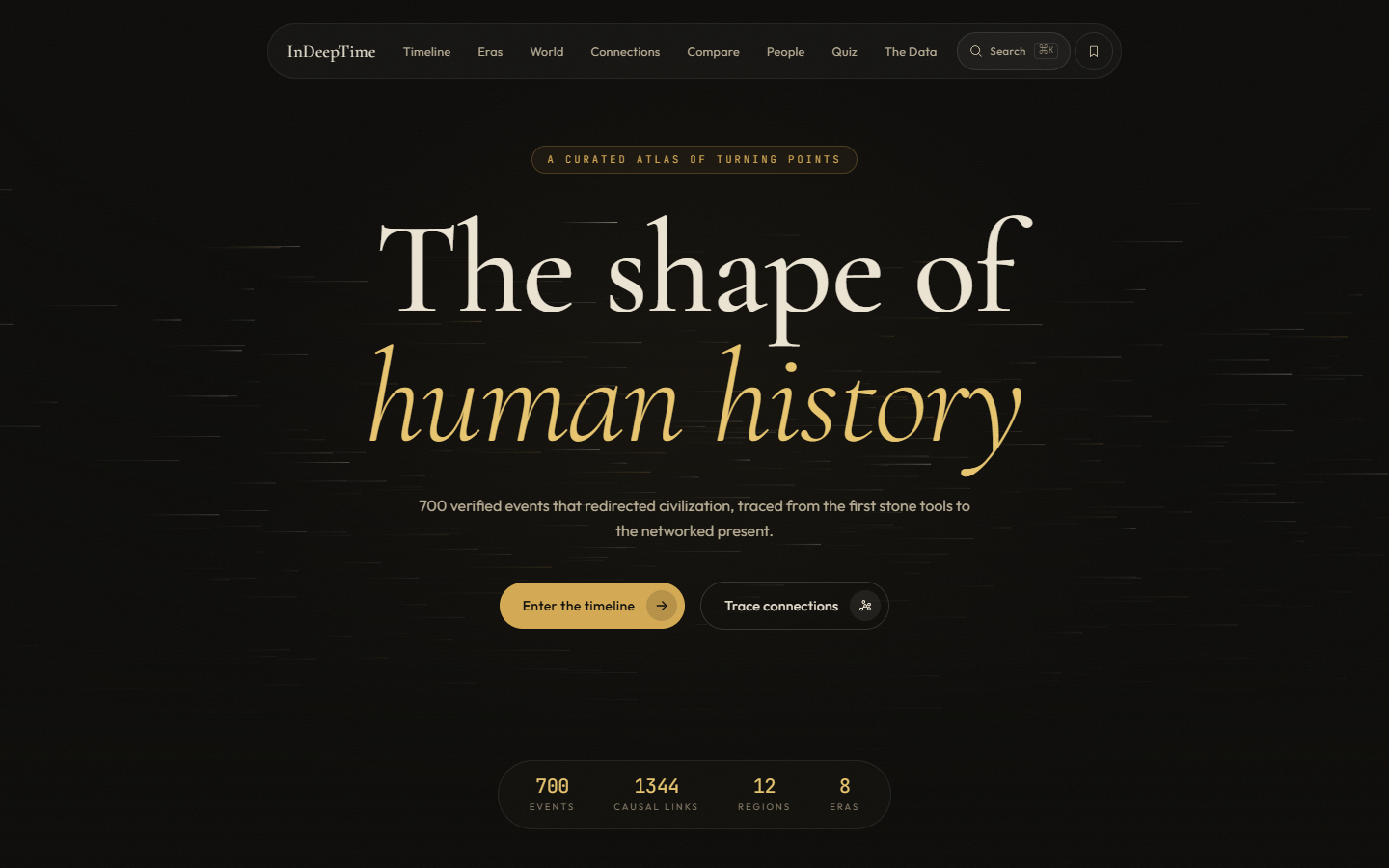 The InDeepTime home page, "The shape of human history"