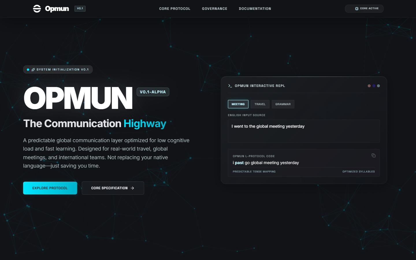 The Opmun home page with a live phrase translator